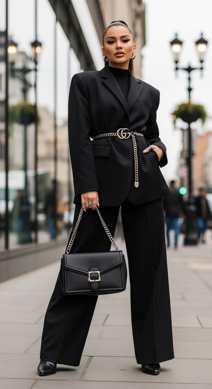 Woman in a belted black outfit carrying a black handbag on a city street