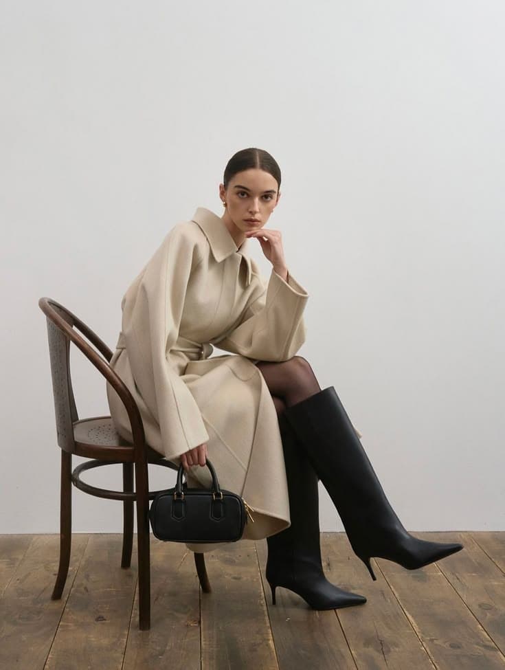 Woman in a neutral outfit and tall black boots seated with a small handbag