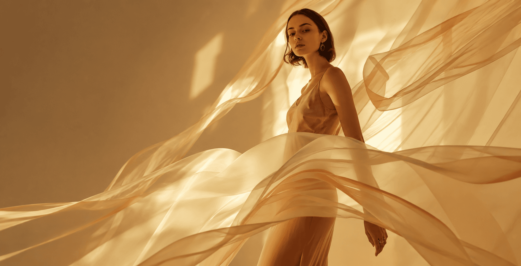 Woman surrounded by flowing golden fabric in warm sunlight