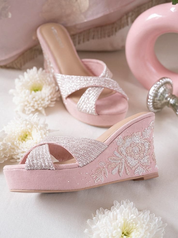 Blush Crystal Bow Wedge Sandals