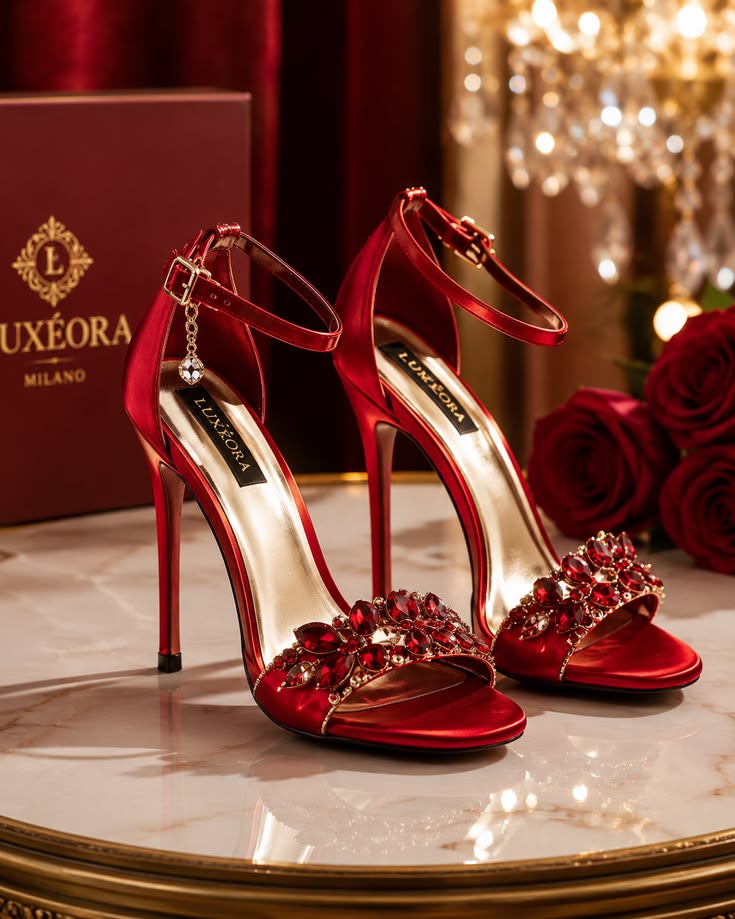 Ruby Red Crystal Evening Sandals