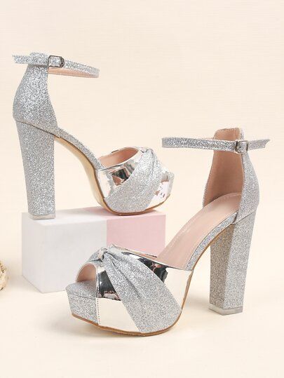 Silver Bow Block Heel Sandals
