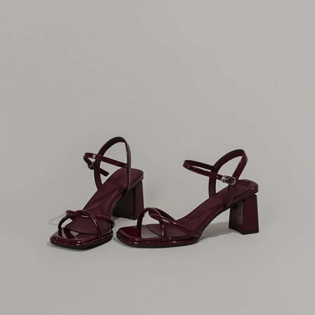 Burgundy Cross-Strap Block Heels