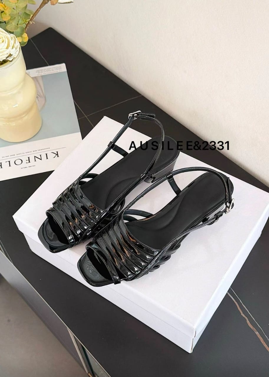 Black Woven Block Heel Sandals
