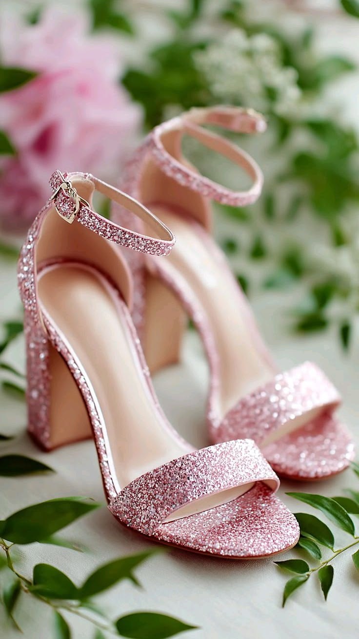 Pink Glitter Block Heel Sandals